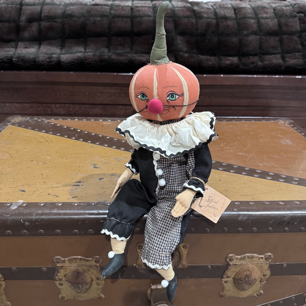 Gathered Traditions-Whimsical Pumpkin Head sitting doll by Joe Spencer